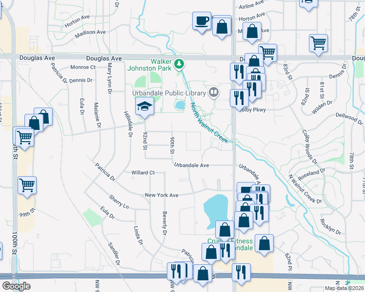 map of restaurants, bars, coffee shops, grocery stores, and more near 3204 89th St in Urbandale