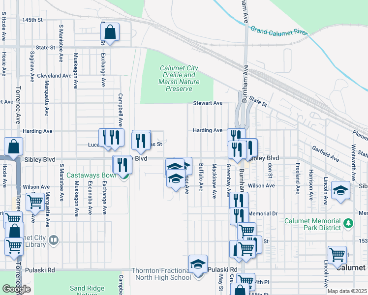map of restaurants, bars, coffee shops, grocery stores, and more near 817 Lucas Street in Calumet City