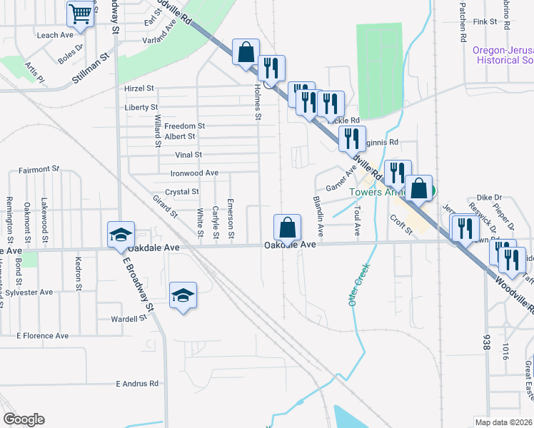 map of restaurants, bars, coffee shops, grocery stores, and more near 1505 Holmes St in Toledo