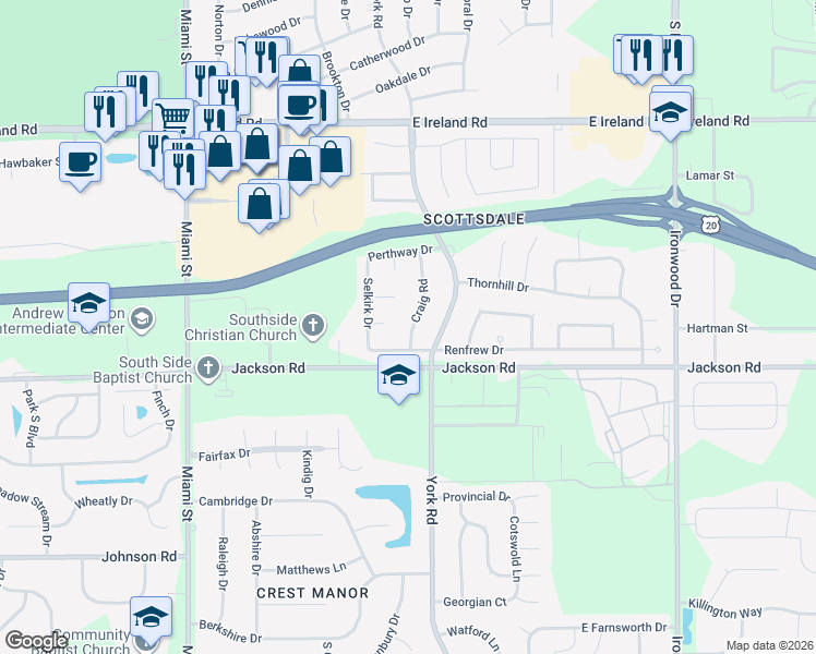 map of restaurants, bars, coffee shops, grocery stores, and more near 5009 Craig Road in South Bend