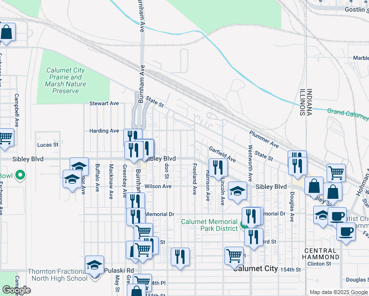 map of restaurants, bars, coffee shops, grocery stores, and more near 457 Gordon Avenue in Calumet City