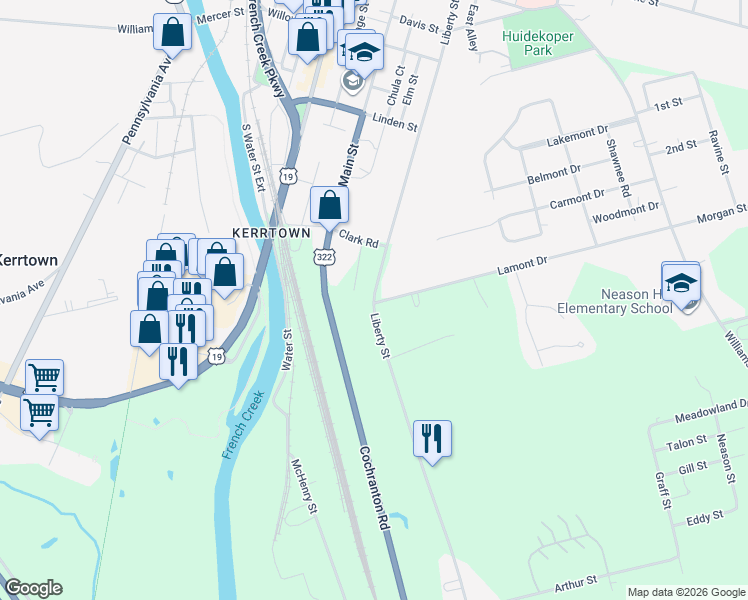 map of restaurants, bars, coffee shops, grocery stores, and more near 869 Liberty Street in Meadville