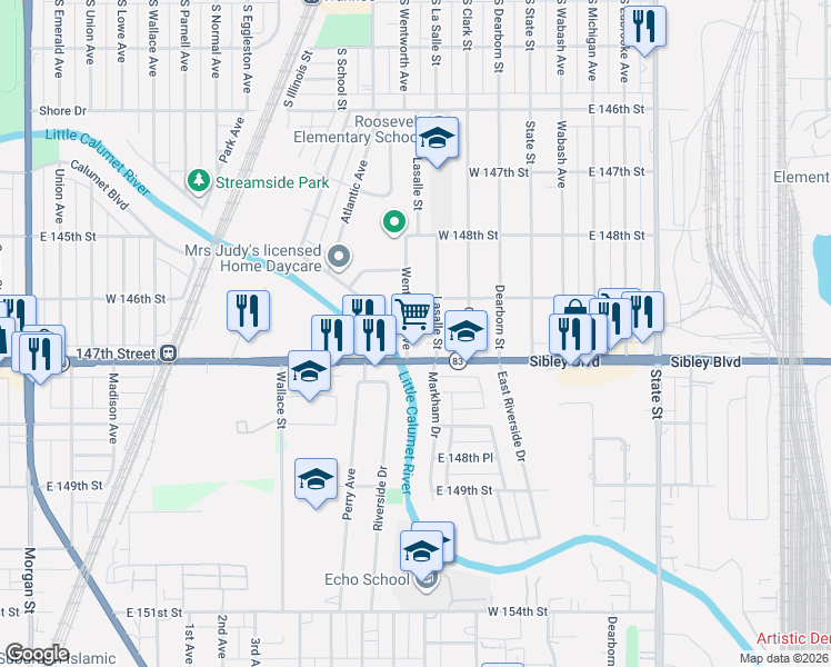 map of restaurants, bars, coffee shops, grocery stores, and more near 14920 Wentworth Avenue in Dolton