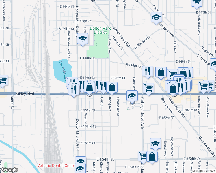 map of restaurants, bars, coffee shops, grocery stores, and more near 14924 Irving Avenue in Dolton