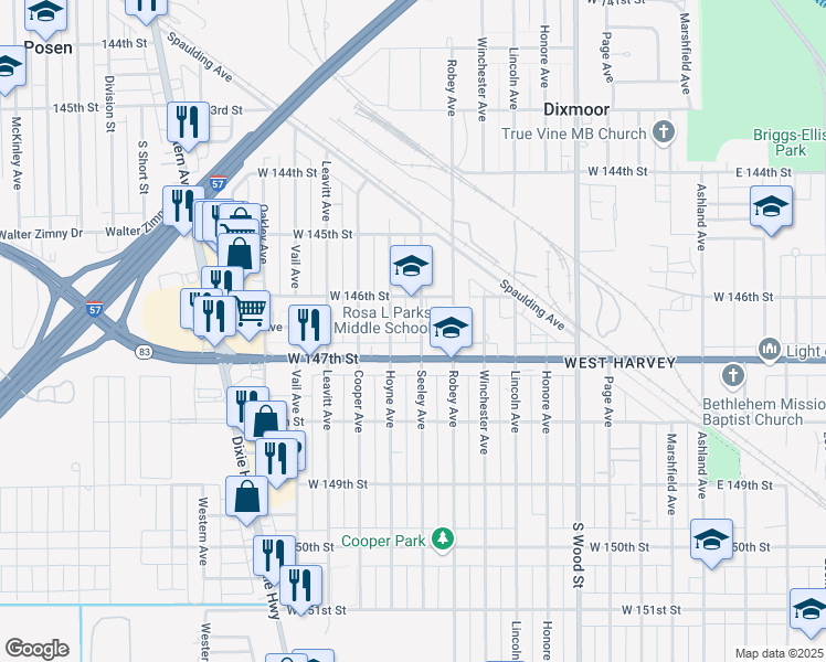map of restaurants, bars, coffee shops, grocery stores, and more near 14624 Seeley Avenue in Dixmoor