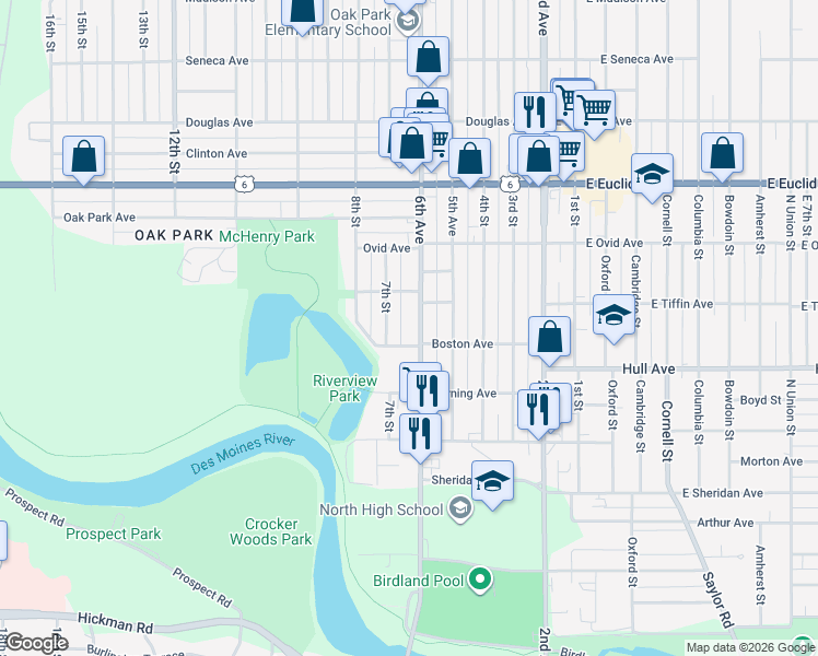 map of restaurants, bars, coffee shops, grocery stores, and more near 3114 6th Ave in Des Moines