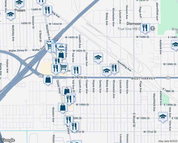 map of restaurants, bars, coffee shops, grocery stores, and more near 14627 Cooper Avenue in Dixmoor