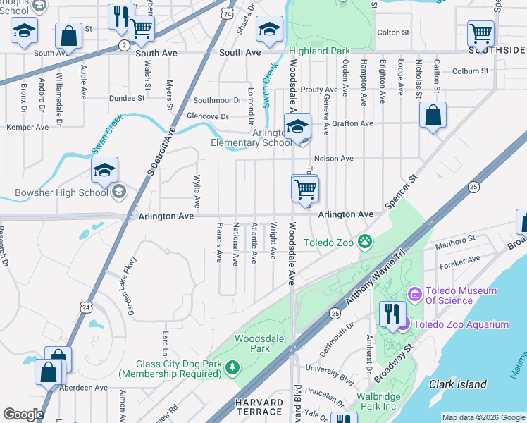 map of restaurants, bars, coffee shops, grocery stores, and more near 1856 Arlington Avenue in Toledo