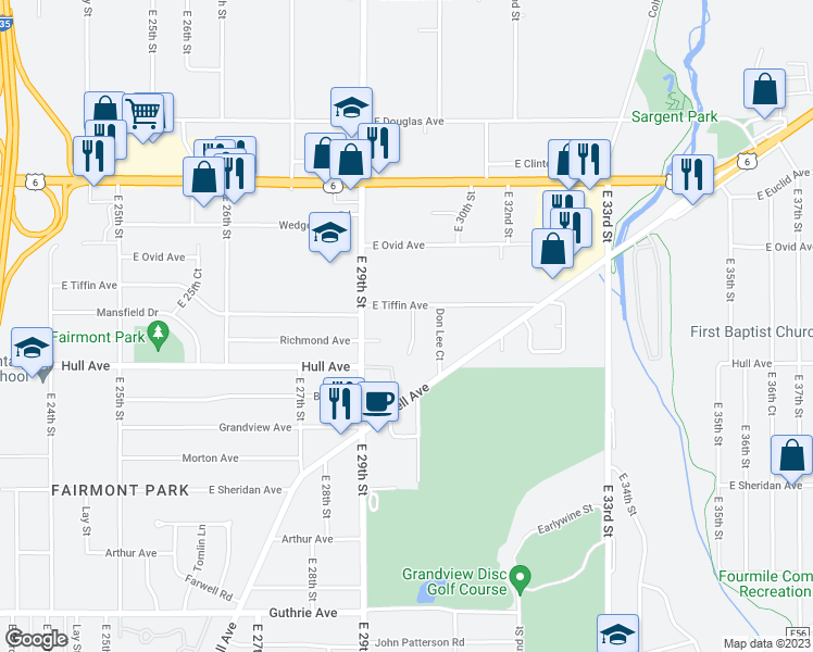 map of restaurants, bars, coffee shops, grocery stores, and more near 3106 Roblang Court in Des Moines