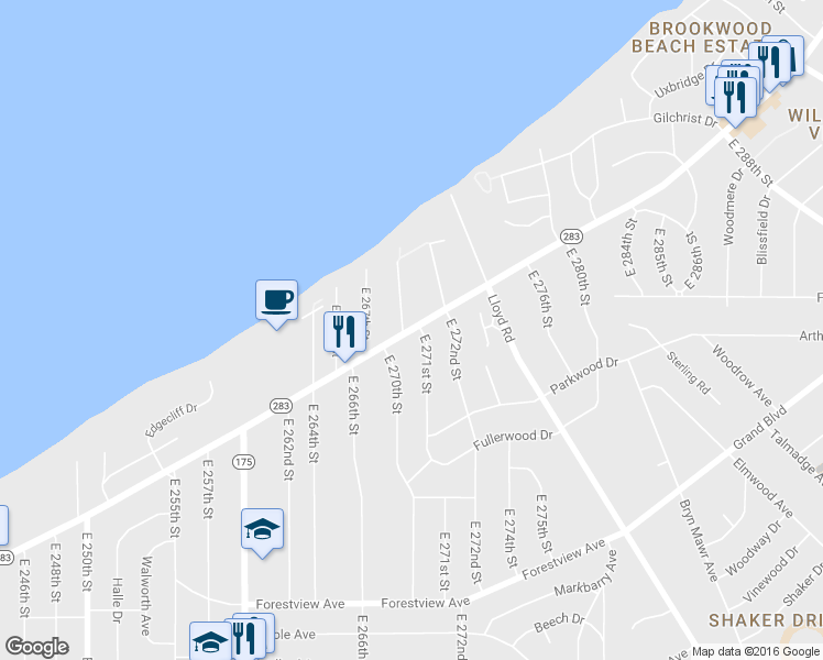 map of restaurants, bars, coffee shops, grocery stores, and more near 27070 Lake Shore Boulevard in Euclid