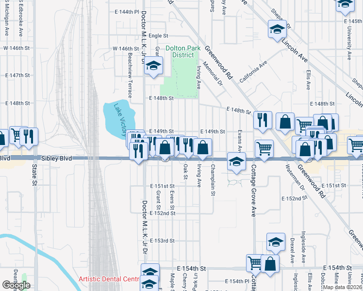 map of restaurants, bars, coffee shops, grocery stores, and more near 14924 Oak Street in Dolton