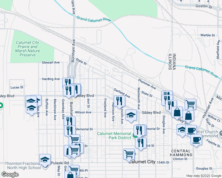 map of restaurants, bars, coffee shops, grocery stores, and more near 442 Harrison Avenue in Calumet City