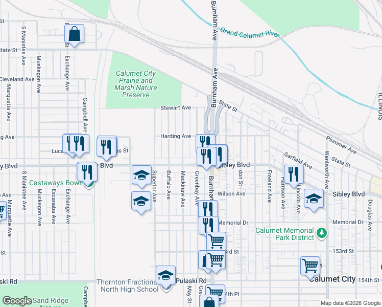 map of restaurants, bars, coffee shops, grocery stores, and more near 456 Greenbay Avenue in Calumet City