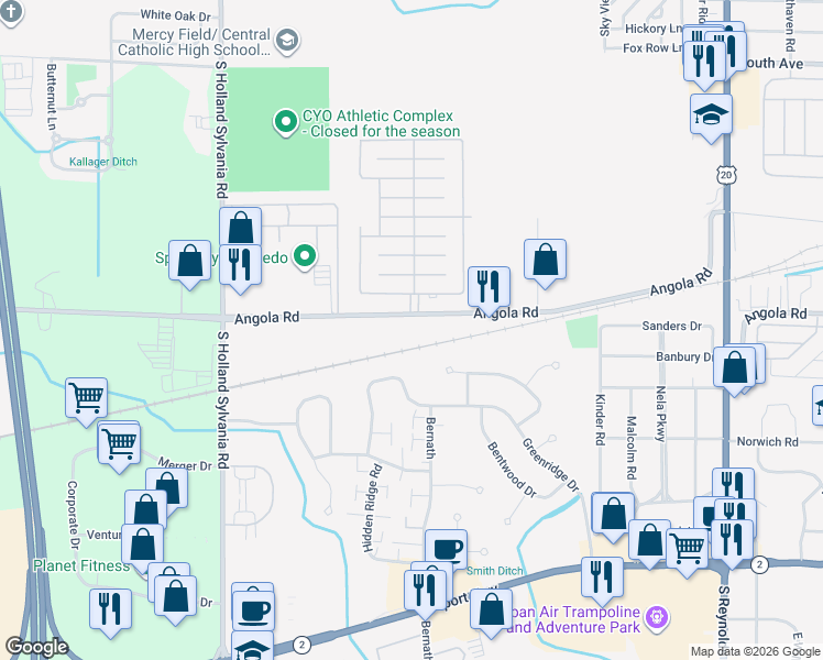 map of restaurants, bars, coffee shops, grocery stores, and more near 5715 Angola Road in Toledo