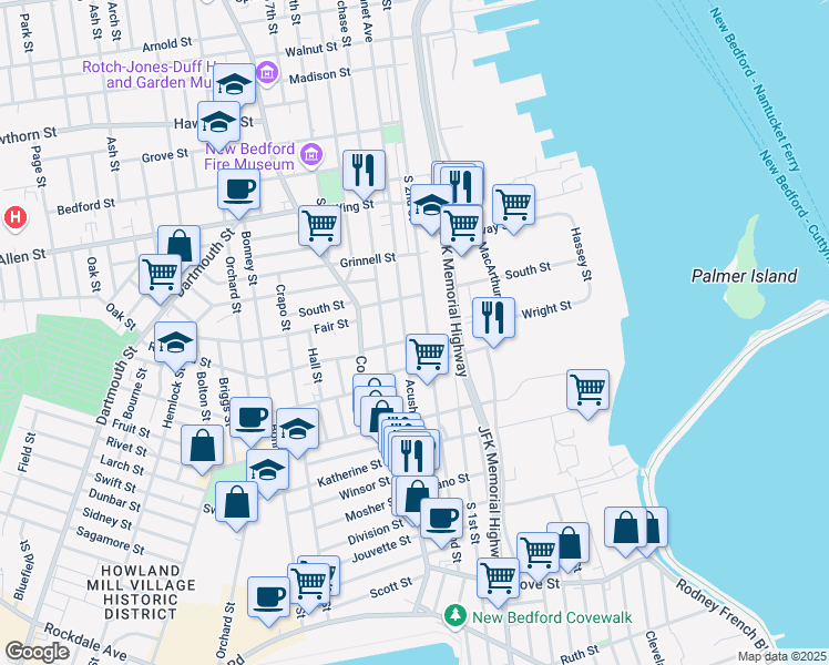 map of restaurants, bars, coffee shops, grocery stores, and more near 100 Acushnet Avenue in New Bedford
