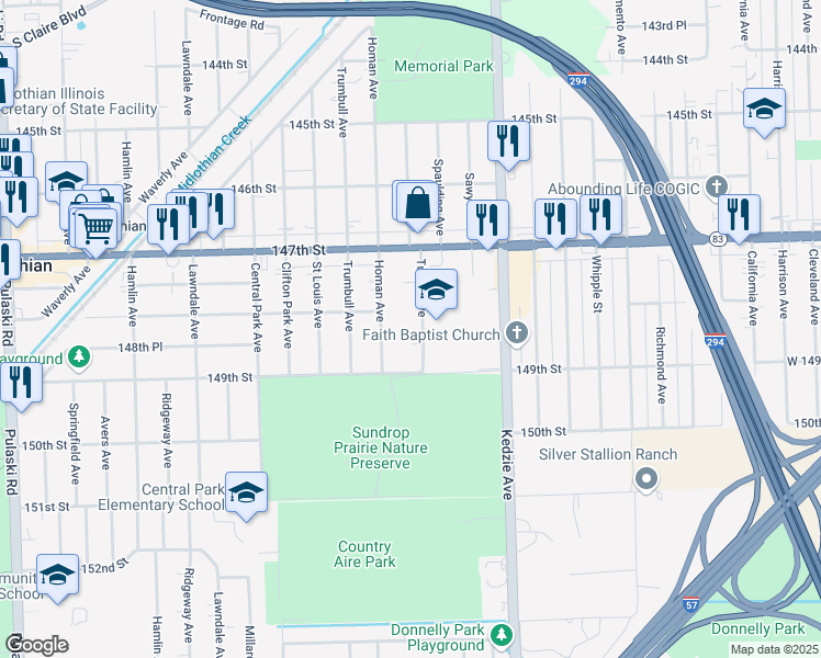 map of restaurants, bars, coffee shops, grocery stores, and more near 14810 Turner Avenue in Midlothian
