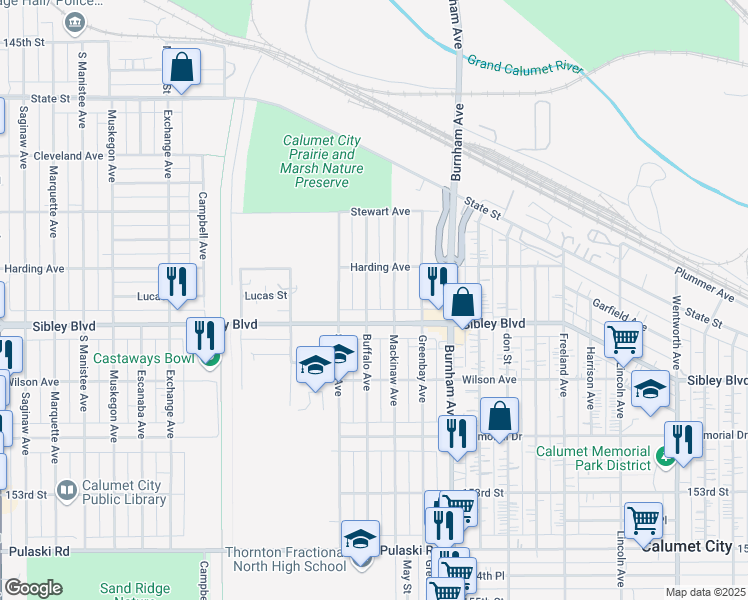 map of restaurants, bars, coffee shops, grocery stores, and more near 459 Buffalo Avenue in Calumet City