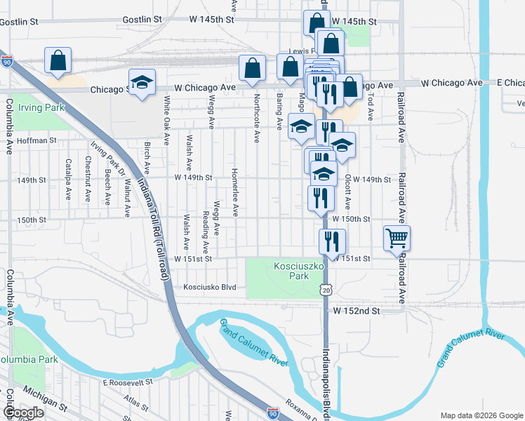 map of restaurants, bars, coffee shops, grocery stores, and more near 4941 Northcote Avenue in East Chicago