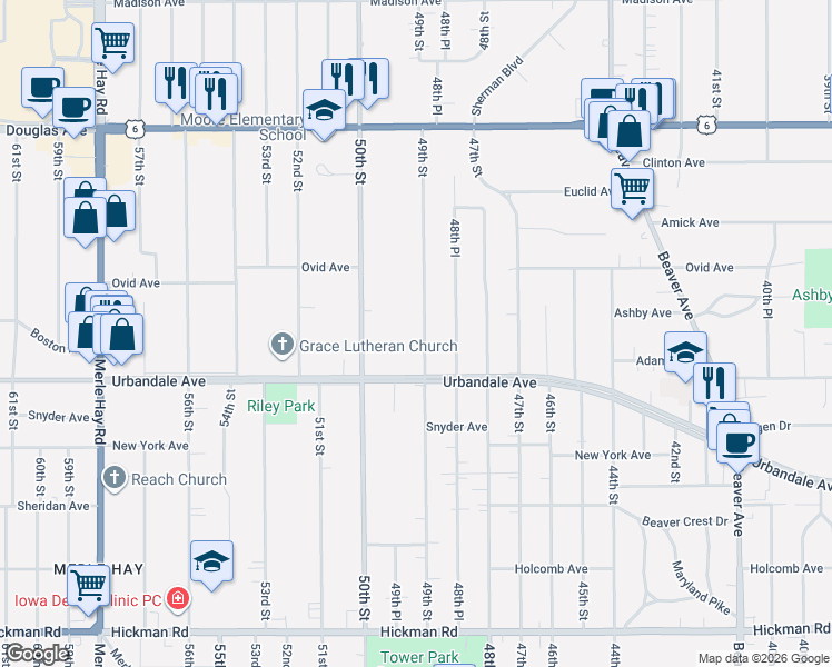 map of restaurants, bars, coffee shops, grocery stores, and more near 3108 49th Street in Des Moines