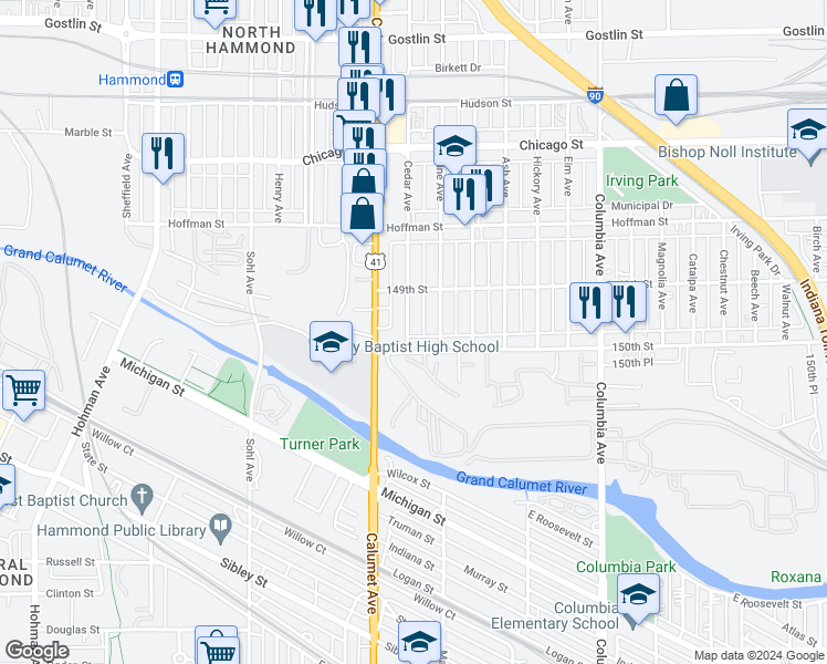 map of restaurants, bars, coffee shops, grocery stores, and more near 4937 Cedar Avenue in Hammond