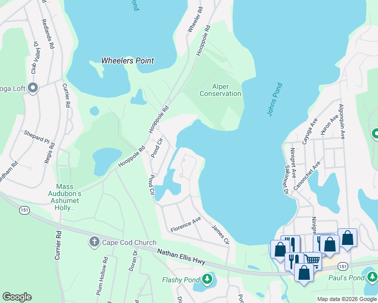 map of restaurants, bars, coffee shops, grocery stores, and more near 55 Sunset Circle in Mashpee