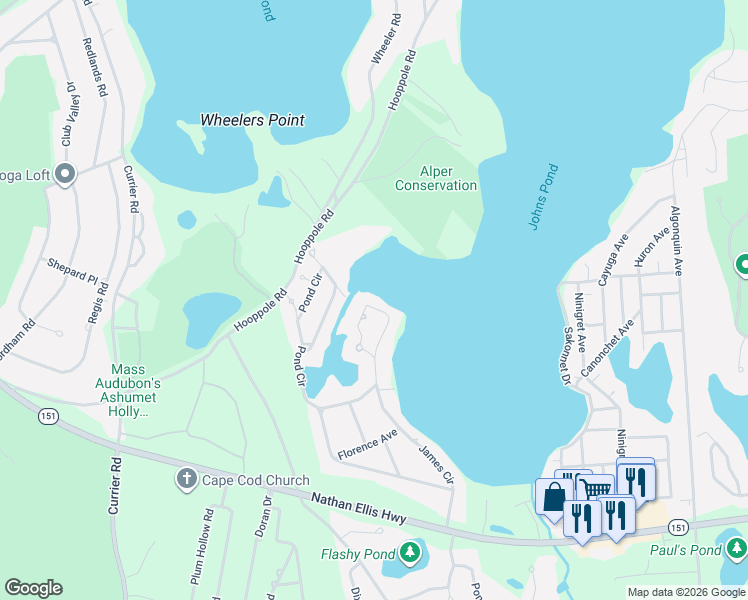 map of restaurants, bars, coffee shops, grocery stores, and more near 55 Sunset Circle in Mashpee