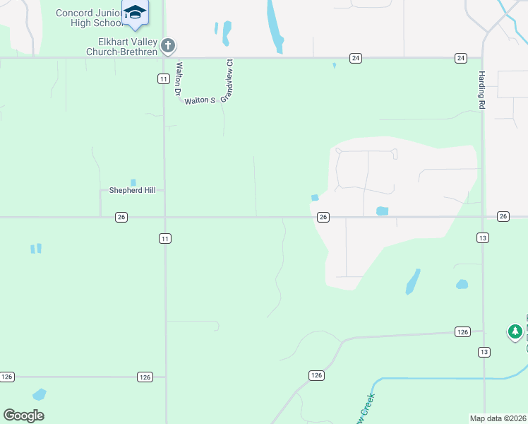 map of restaurants, bars, coffee shops, grocery stores, and more near 24733 County Road 26 in Elkhart