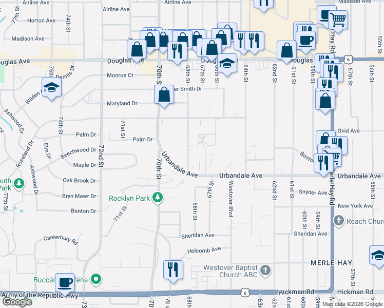 map of restaurants, bars, coffee shops, grocery stores, and more near 3201 68th Street in Urbandale