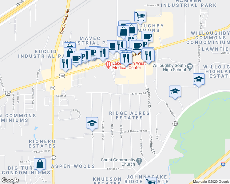 map of restaurants, bars, coffee shops, grocery stores, and more near 36021 Kilarney Road in Willoughby