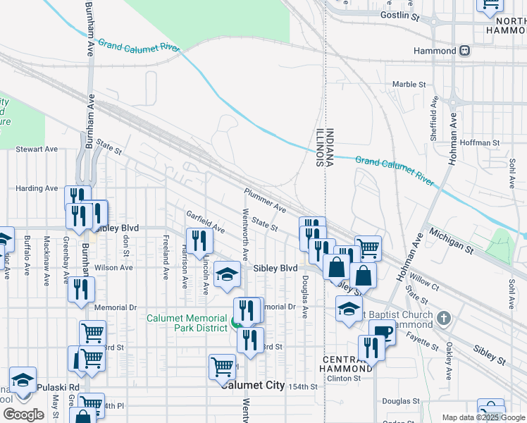 map of restaurants, bars, coffee shops, grocery stores, and more near 300 State Street in Calumet City