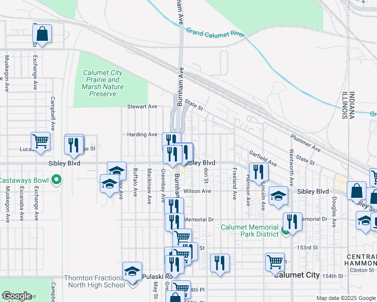 map of restaurants, bars, coffee shops, grocery stores, and more near 454 Hirsch Avenue in Calumet City