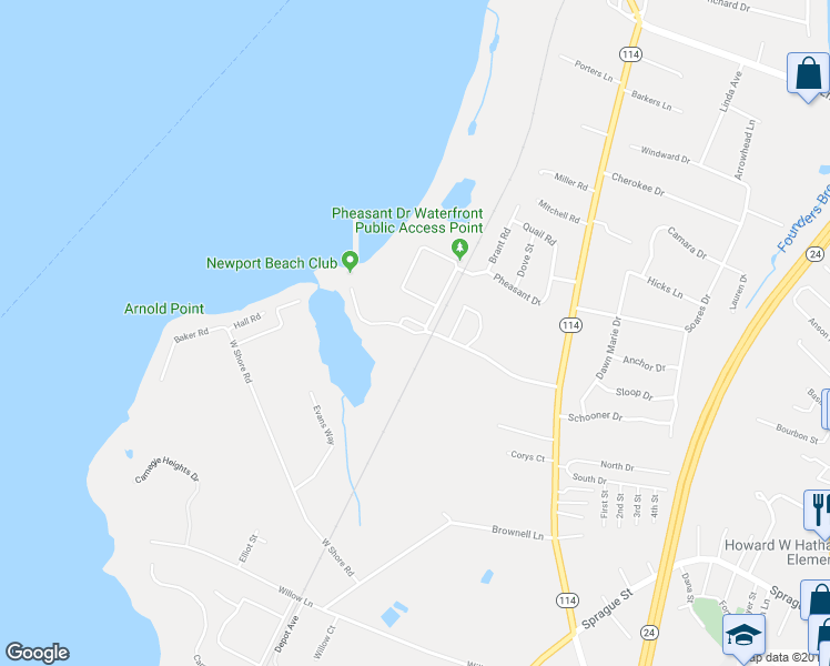 map of restaurants, bars, coffee shops, grocery stores, and more near 149 Newport Harbor Drive in Portsmouth