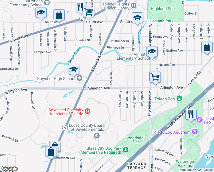 map of restaurants, bars, coffee shops, grocery stores, and more near 2056 Arlington Avenue in Toledo