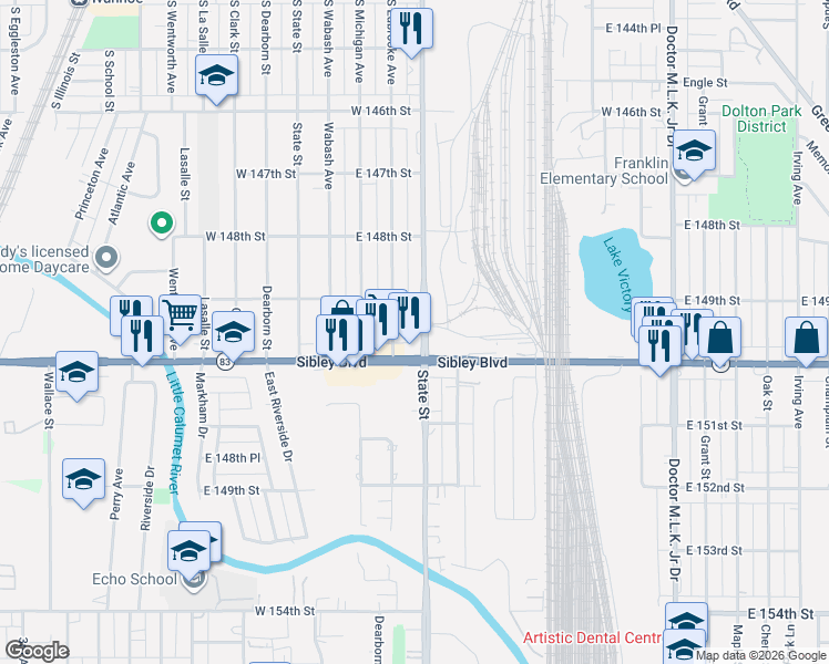 map of restaurants, bars, coffee shops, grocery stores, and more near 14925 South Edbrooke Avenue in Dolton