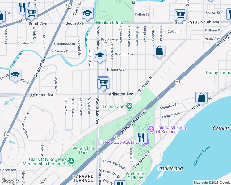 map of restaurants, bars, coffee shops, grocery stores, and more near 881 Geneva Avenue in Toledo
