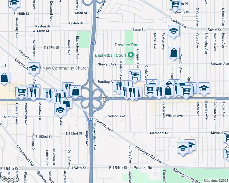 map of restaurants, bars, coffee shops, grocery stores, and more near 457 Prairie Avenue in Calumet City
