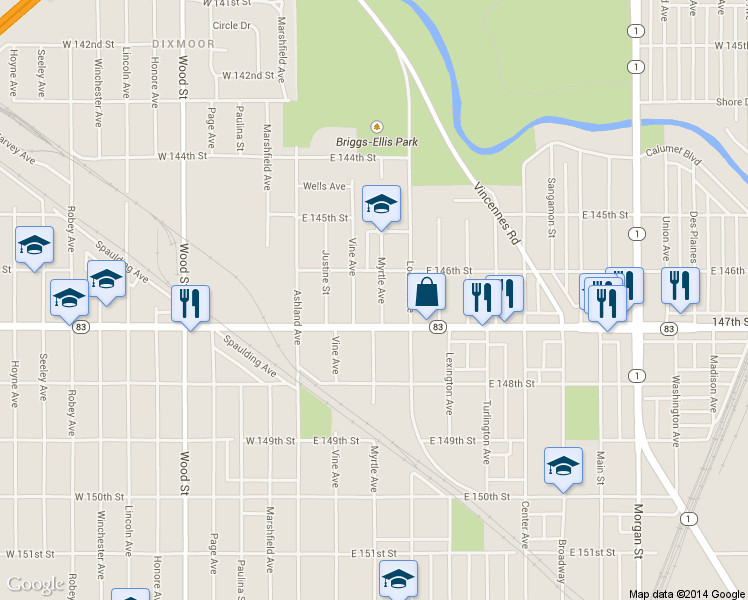 map of restaurants, bars, coffee shops, grocery stores, and more near 14624 Myrtle Ave in Harvey