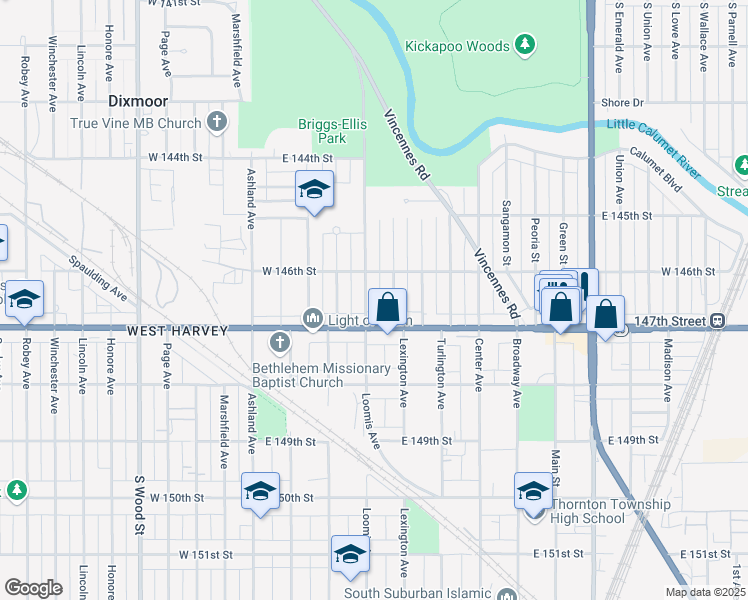 map of restaurants, bars, coffee shops, grocery stores, and more near 14623 Loomis Avenue in Harvey