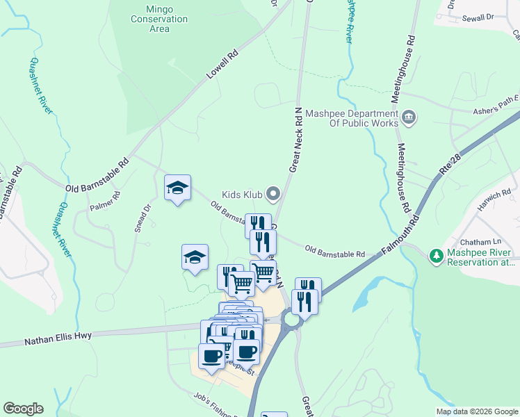 map of restaurants, bars, coffee shops, grocery stores, and more near 12 Watson Drive in Mashpee