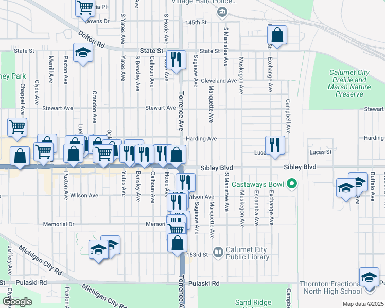 map of restaurants, bars, coffee shops, grocery stores, and more near 444 Saginaw Avenue in Calumet City