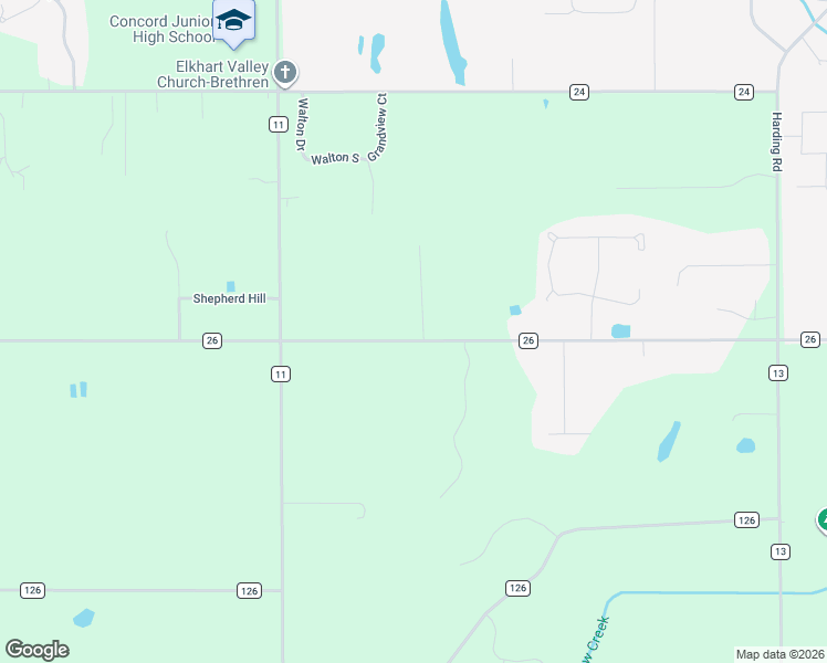map of restaurants, bars, coffee shops, grocery stores, and more near 24733 County Road 26 in Elkhart