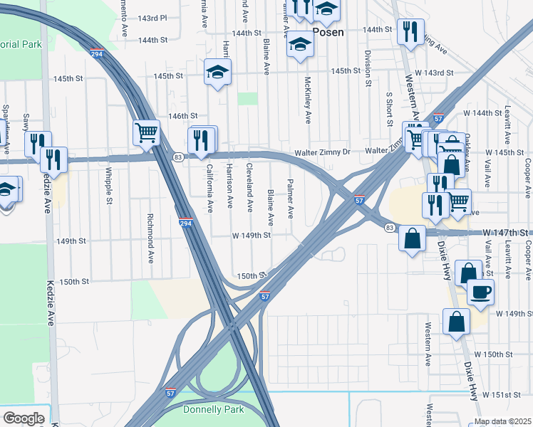 map of restaurants, bars, coffee shops, grocery stores, and more near 14824 Blaine Avenue in Posen