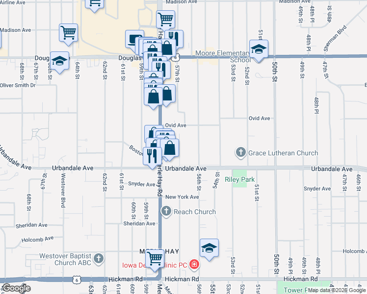 map of restaurants, bars, coffee shops, grocery stores, and more near 3201 57th Street in Des Moines