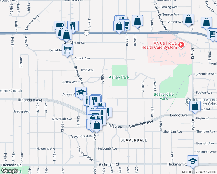 map of restaurants, bars, coffee shops, grocery stores, and more near 3116 40th Street in Des Moines