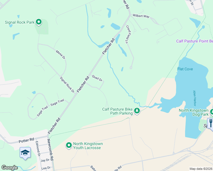map of restaurants, bars, coffee shops, grocery stores, and more near 80 Quail Drive in North Kingstown