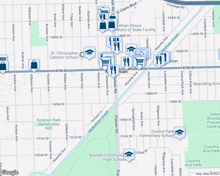 map of restaurants, bars, coffee shops, grocery stores, and more near 14801 Keystone Avenue in Midlothian