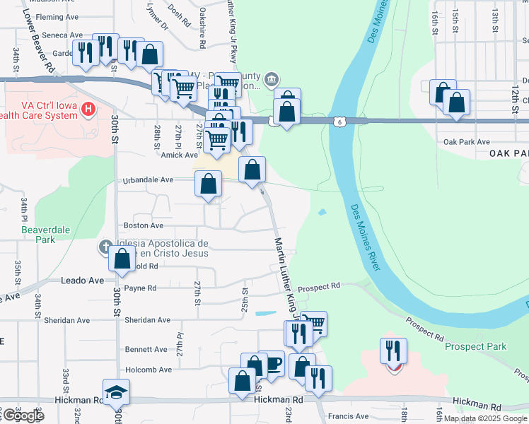 map of restaurants, bars, coffee shops, grocery stores, and more near 2402 Welbeck Road in Des Moines