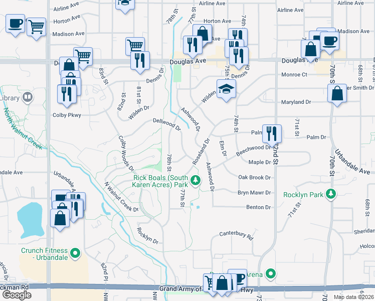 map of restaurants, bars, coffee shops, grocery stores, and more near 7707 Dellwood Drive in Urbandale