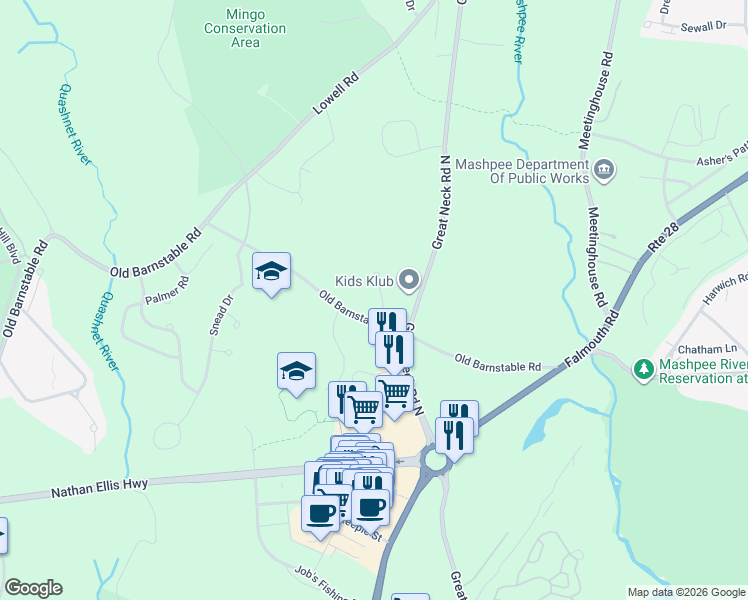 map of restaurants, bars, coffee shops, grocery stores, and more near 12 Watson Drive in Mashpee