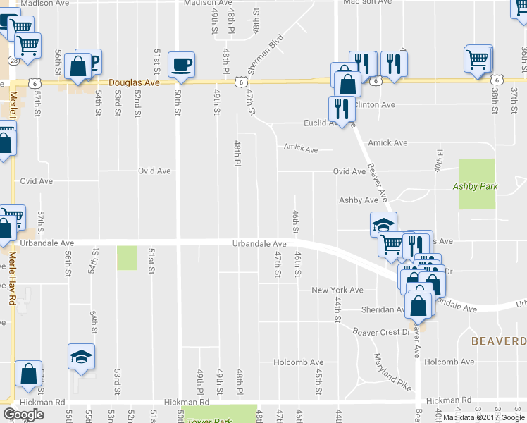 map of restaurants, bars, coffee shops, grocery stores, and more near 3113 48th Street in Des Moines